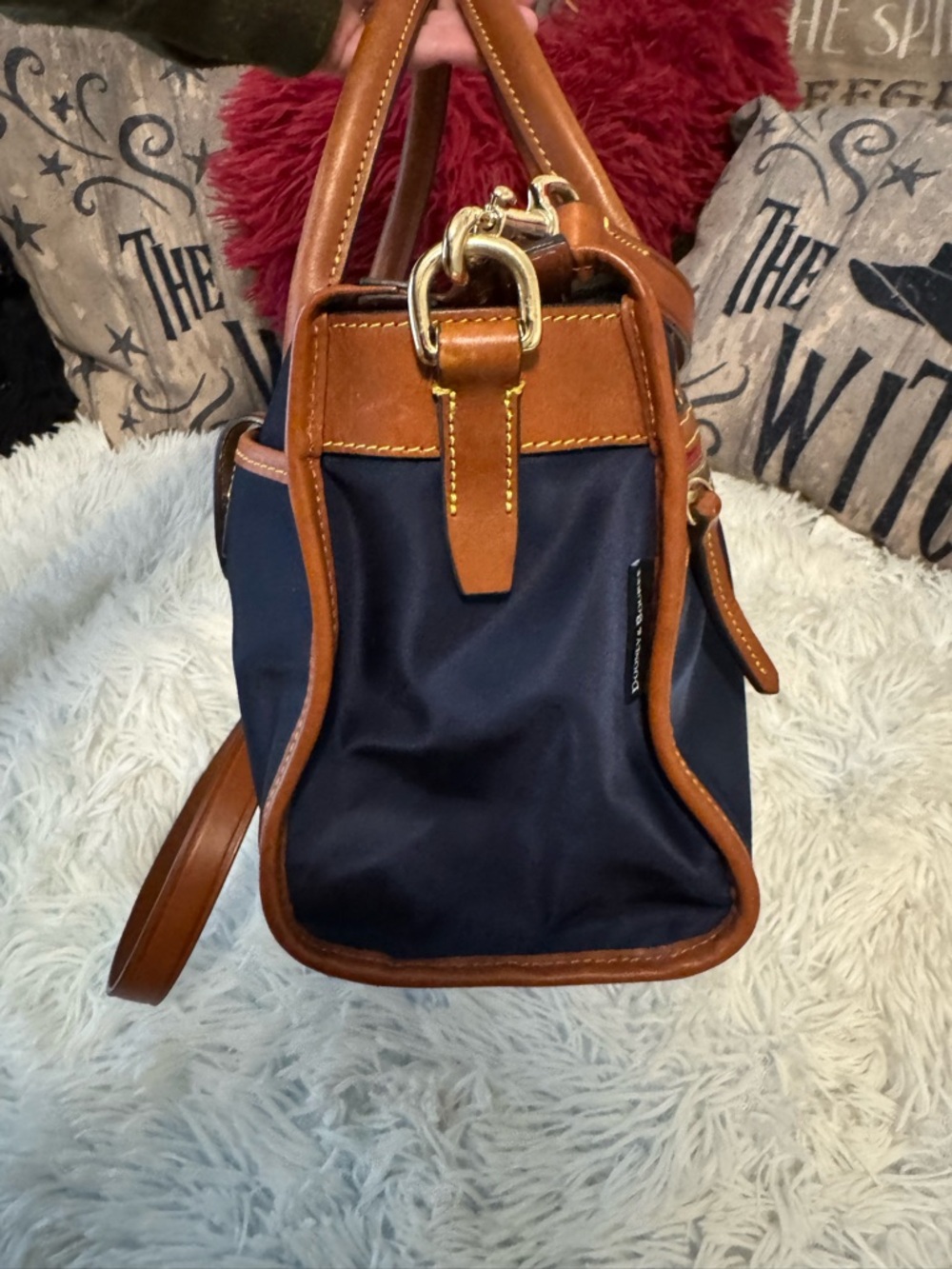Dooney & Bourke Navy and Brown Leather Satchel with Shoulder Strap - Picture 4 of 10
